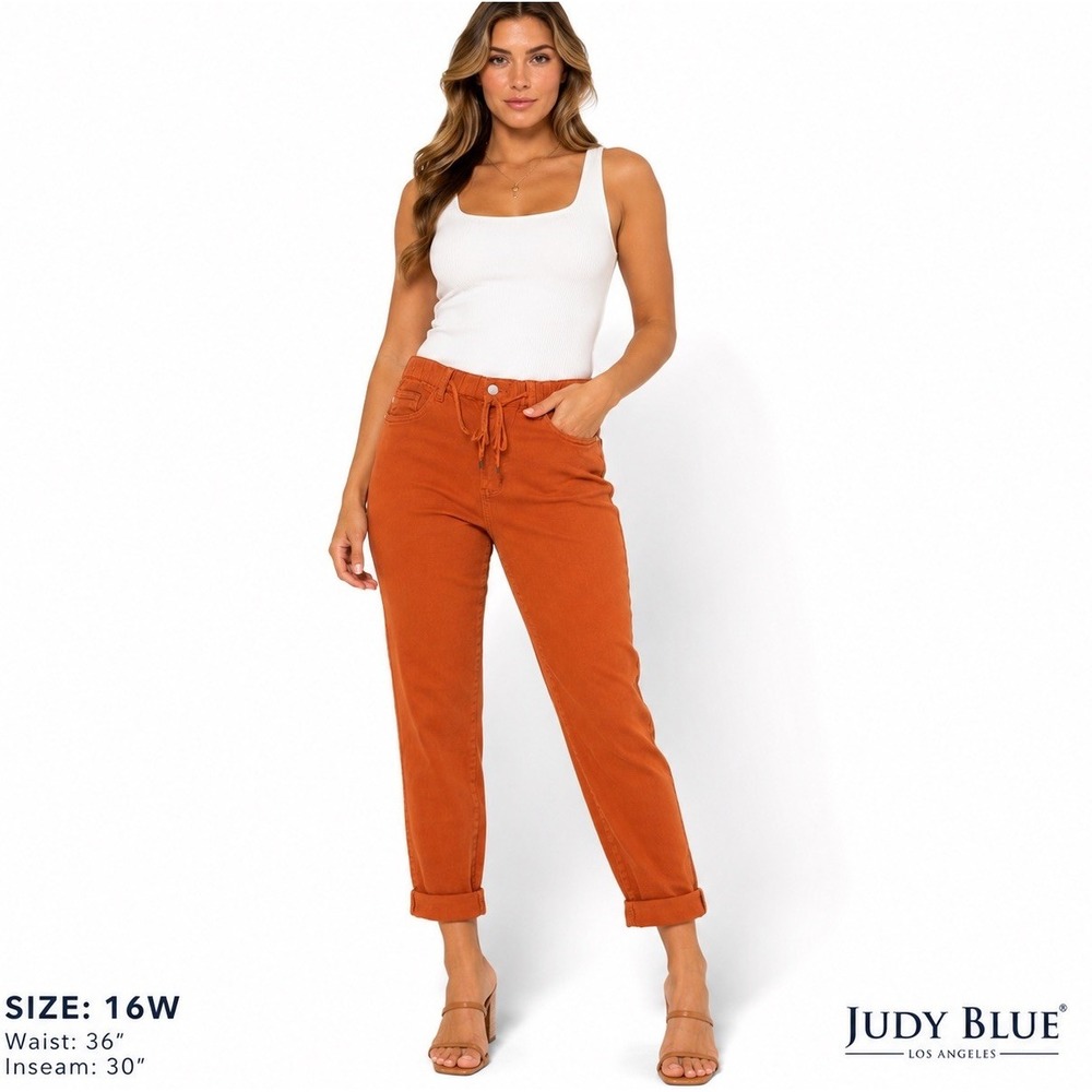 Judy Blue High Waist Garment Dyed Auburn Orange Double Cuff Denim Jeans Size 16